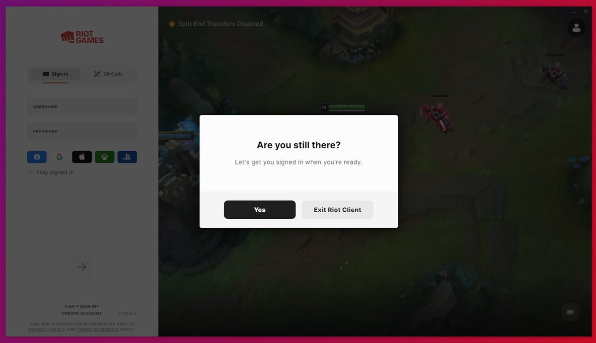 Why is this? I'm genuinely curious. I get why banks do this when you're logged in - but why when I have opened the launcher is it asking me this just because I don't sign in right away? Is there a legitimate reason for this on your end that we are unaware of? <a href="/riotgames/">Riot Games</a>