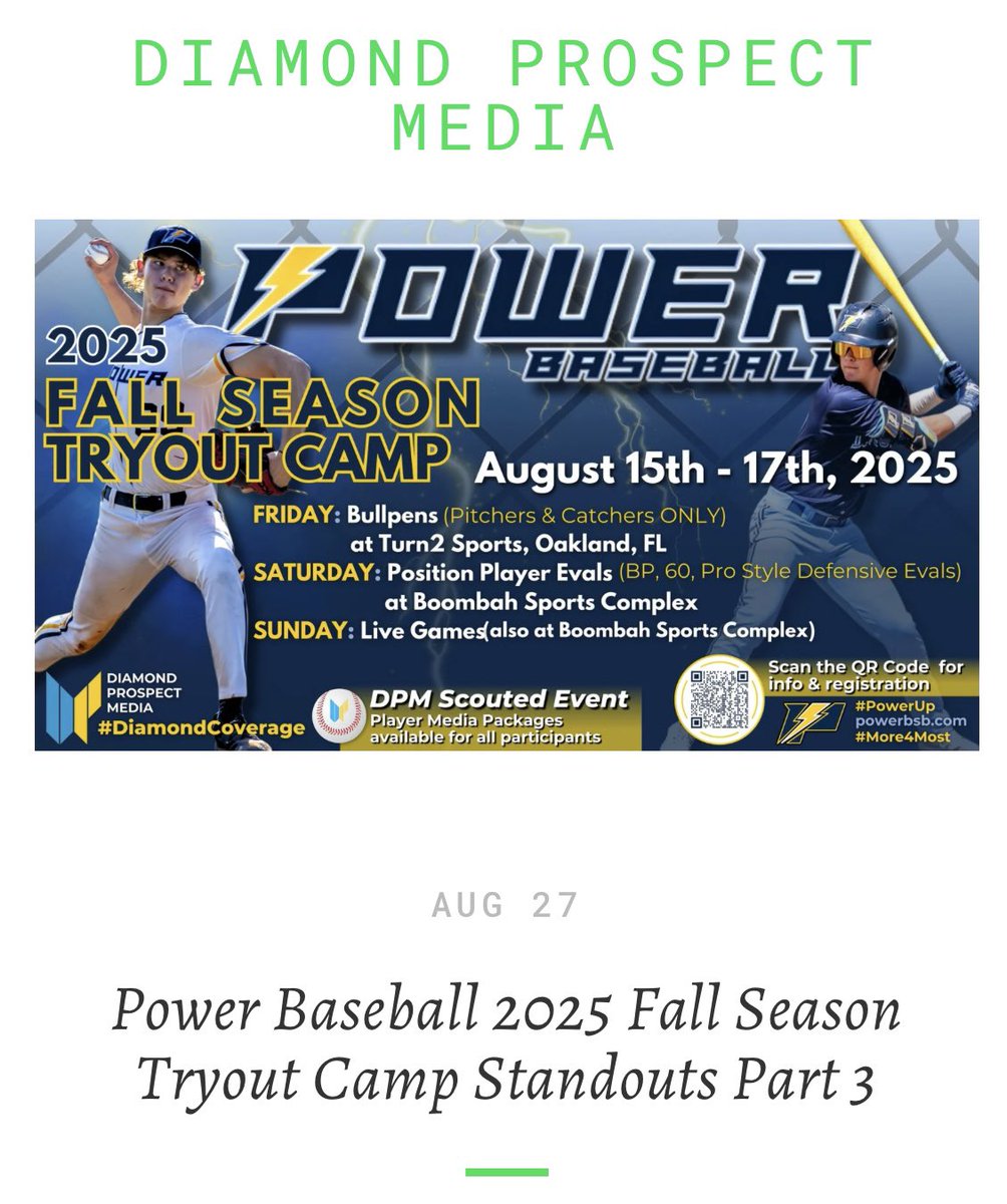 DiamondProMedia's tweet image. From August 15-17th, players from the 2026-2030 classes participated in this year’s @PowerBSB 2025 Fall Season Tryout Camp with bullpens, pro-style workouts, and live game action. We continue our breakdown of the top performers (Part 3 of 4) #PowerUp diamondprospectmedia.com/newsreports/po…