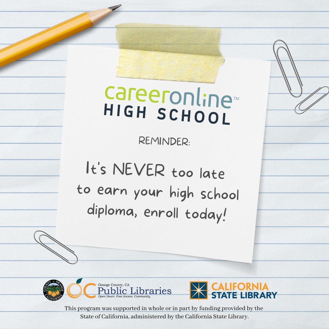 ocpublib's tweet photo. Gain the tools to advance your career & education. We support you from enrollment to graduation, to help ensure that you can achieve your goals.
Earn your accredited high school diploma through #OCPublicLibraries. For more info: https://t.co/PzwmAM24IY
#CareerOnlineHighSchool https://t.co/T5rEXHuGlx