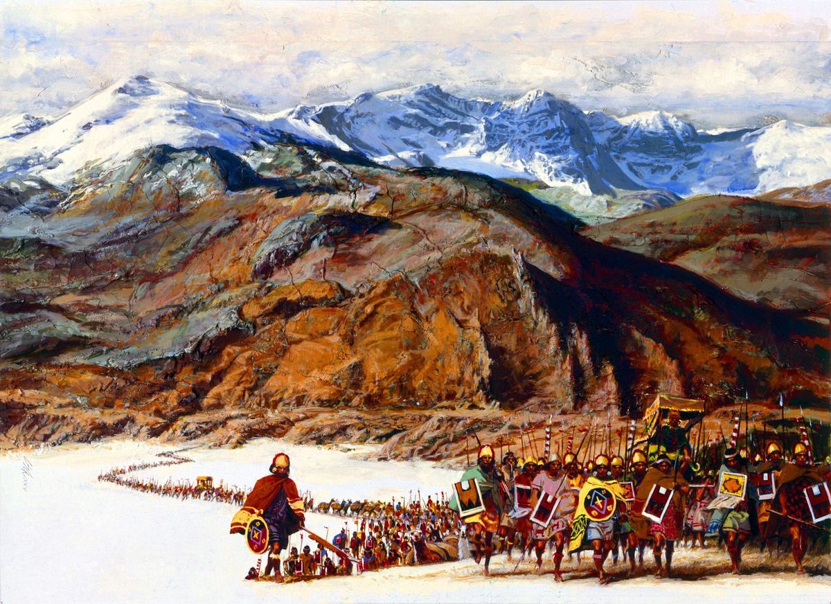 An Inca army marching through the Andes