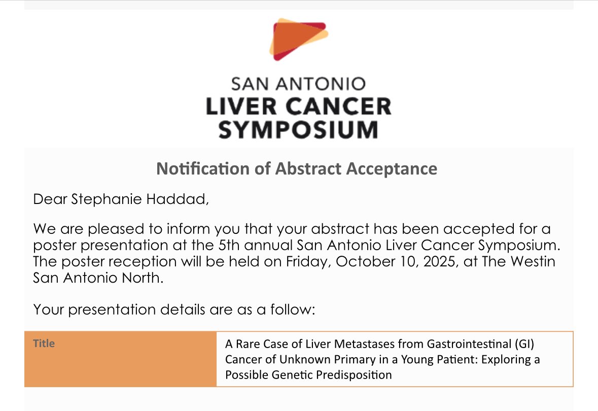 Stephanie A. Haddad, DO (@drsahaddad) on Twitter photo I am so excited to present my poster at the San Antonio Liver Symposium in October! <a href="/LSOM_HemOnc/">UT Health SA Hematology/Oncology Fellowship</a> <a href="/mayscancer/">Mays Cancer Center at UT Health San Antonio</a> <a href="/UTHSAResearch/">UT Health San Antonio Research</a> <a href="/DrSukeshiArora/">Sukeshi Arora MD</a> <a href="/HemOncFellows/">Hem-Onc Fellows Network</a> <a href="/hemeoncfellow/">H.O.M.E</a> I am so excited to present my poster at the San Antonio Liver Symposium in October! <a href="/LSOM_HemOnc/">UT Health SA Hematology/Oncology Fellowship</a> <a href="/mayscancer/">Mays Cancer Center at UT Health San Antonio</a> <a href="/UTHSAResearch/">UT Health San Antonio Research</a> <a href="/DrSukeshiArora/">Sukeshi Arora MD</a> <a href="/HemOncFellows/">Hem-Onc Fellows Network</a> <a href="/hemeoncfellow/">H.O.M.E</a>