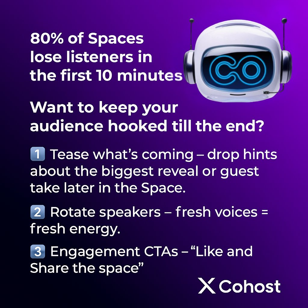 XCohost (@xcohost) on Twitter photo 🚨 80% of Spaces lose listeners in the first 10 minutes.
Want to keep your audience hooked till the end? Here are 3 tricks that work every time:
1️⃣ Tease what’s coming - drop hints about the biggest reveal or guest take later in the Space.
2️⃣ Rotate speakers - fresh voices = 🚨 80% of Spaces lose listeners in the first 10 minutes.
Want to keep your audience hooked till the end? Here are 3 tricks that work every time:
1️⃣ Tease what’s coming - drop hints about the biggest reveal or guest take later in the Space.
2️⃣ Rotate speakers - fresh voices =