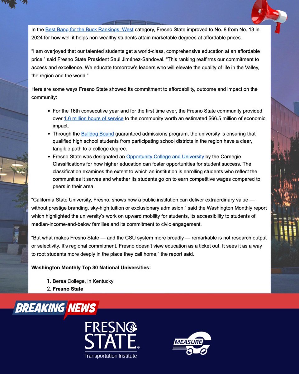 🚨 Big news, Bulldog family! 🐾 The Washington Post has ranked Fresno State #2 in the nation for delivering on the American Dream through student success, impact, and opportunity. 🌟 Proud to see our commitment to education and community recognized at the national level! ❤️💙