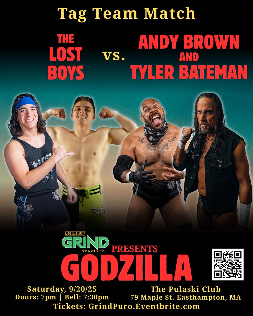 🐉 Pro Wrestling GRIND: GODZILLA 🐉

The Lost Boys, Athan Promise and Ryan Ryzz, face their most deadliest test yet. Making their GRIND tag debut, ‘Sexy Time Murder’ Andy Brown and Tyler Bateman reunite on the east coast!

🎟️: grindpuro.eventbrite.com 

#GRINDzilla #GODZILLA