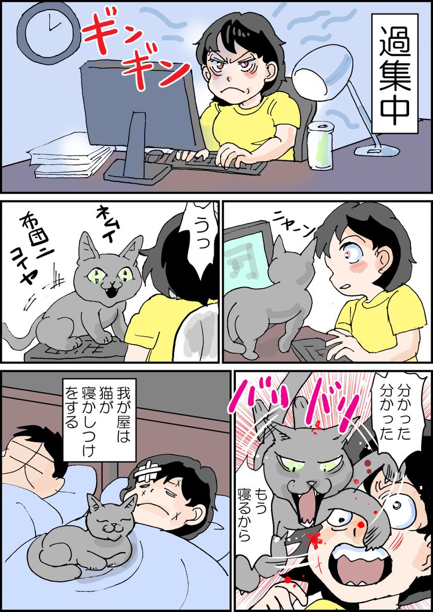 何なんでしょうね　猫が立ちはだかってくるのは…　#漫画 #マンガが読めるハッシュタグ #絵日記　＃イラスト　#猫好きさんと繋がりたい 　働きすぎだから休めという思いやりとは思えないんですよ　先に好きに寝ろと言ってるのになあ　皆が寝ている布団で寝たいという事なんでしょうか