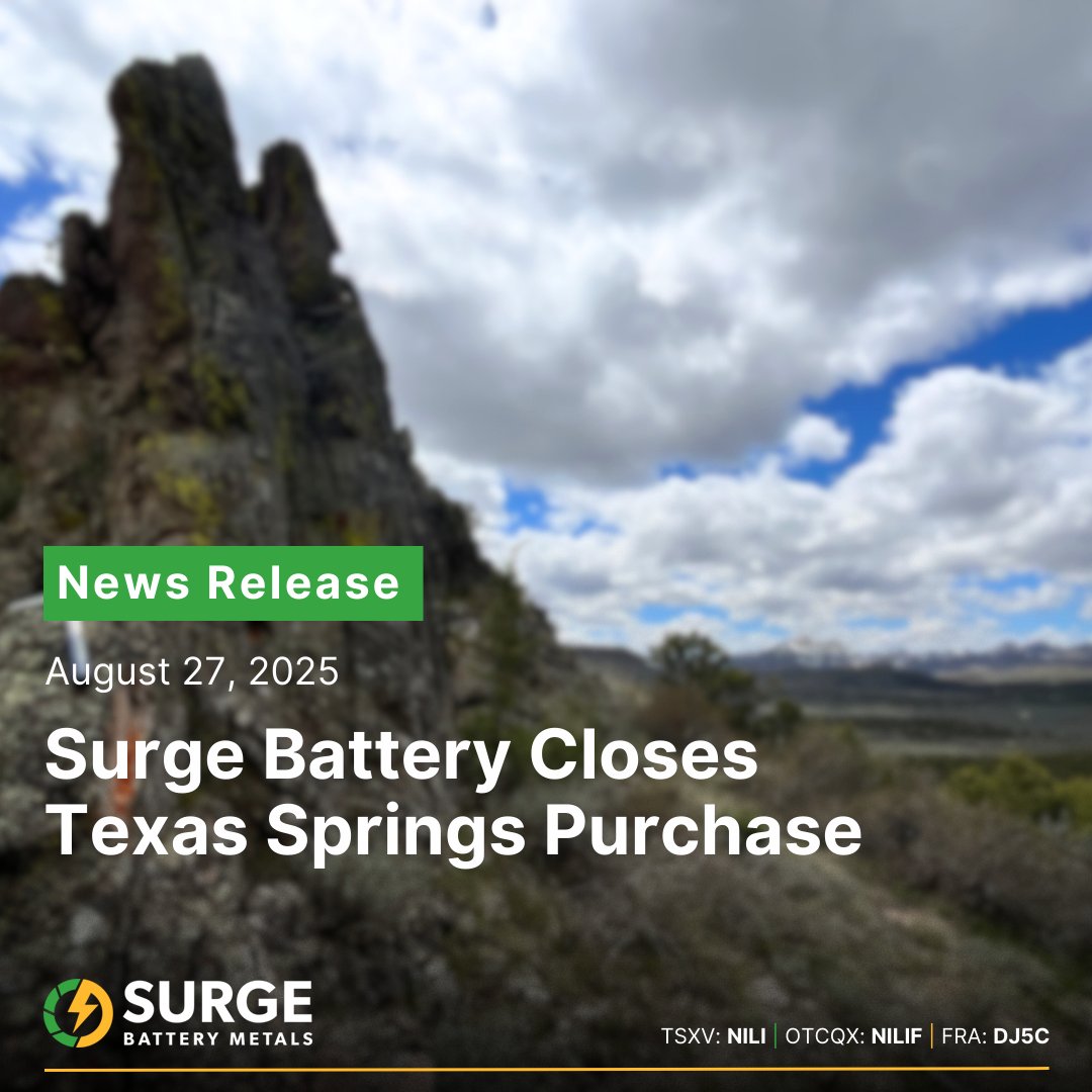 Surge Battery Closes Texas Springs Purchase

Surge has closed its previously announced agreement to purchase the remaining 50% interest in certain in the M3M Texas Springs Claims, as that term is defined below) by issuing to M3 Metals Corp. 1,200,000 of its common shares. The