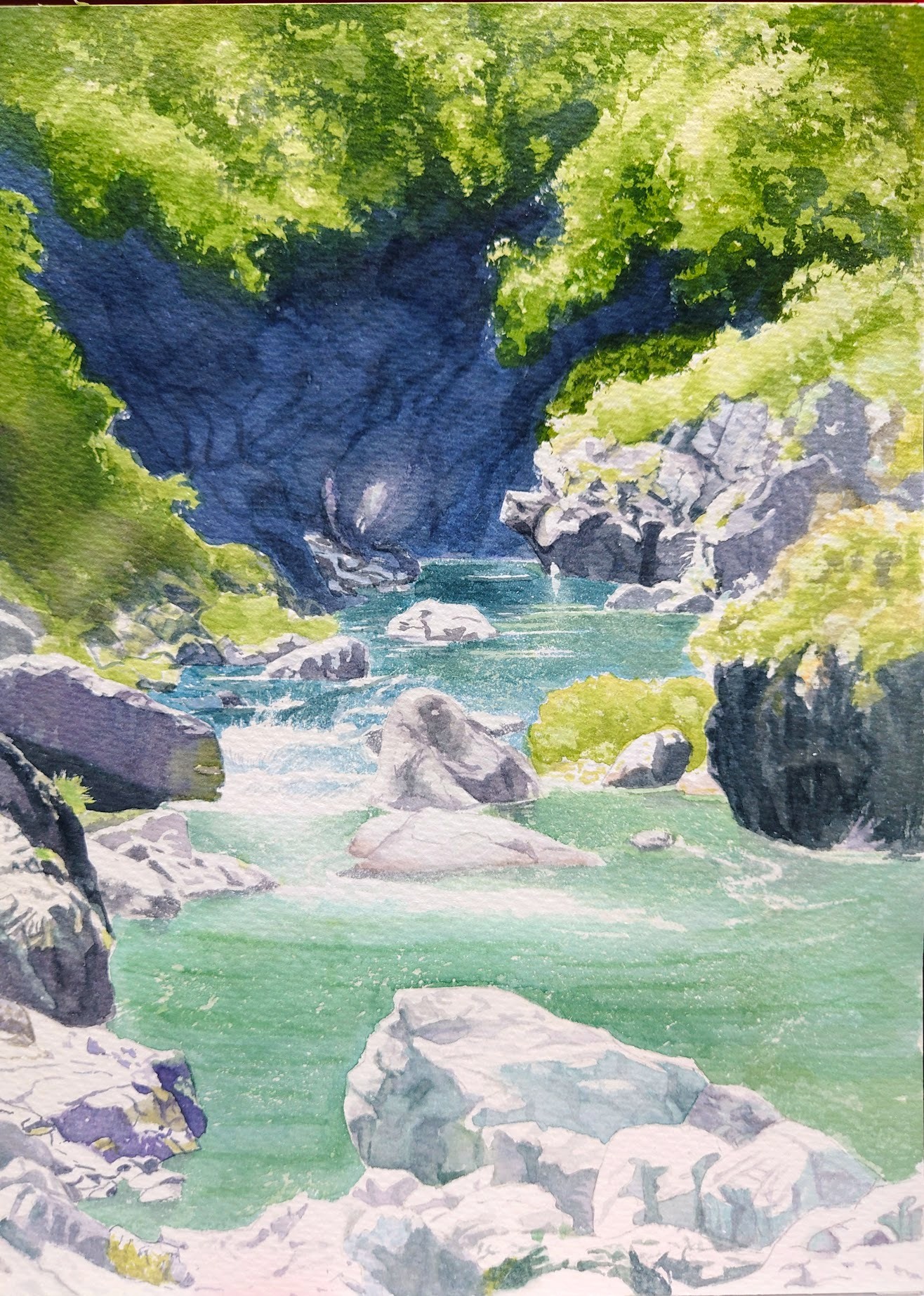 水彩景色 アクリル画 原画 「花の咲く路地11」額縁付 SMサイズ 風景画