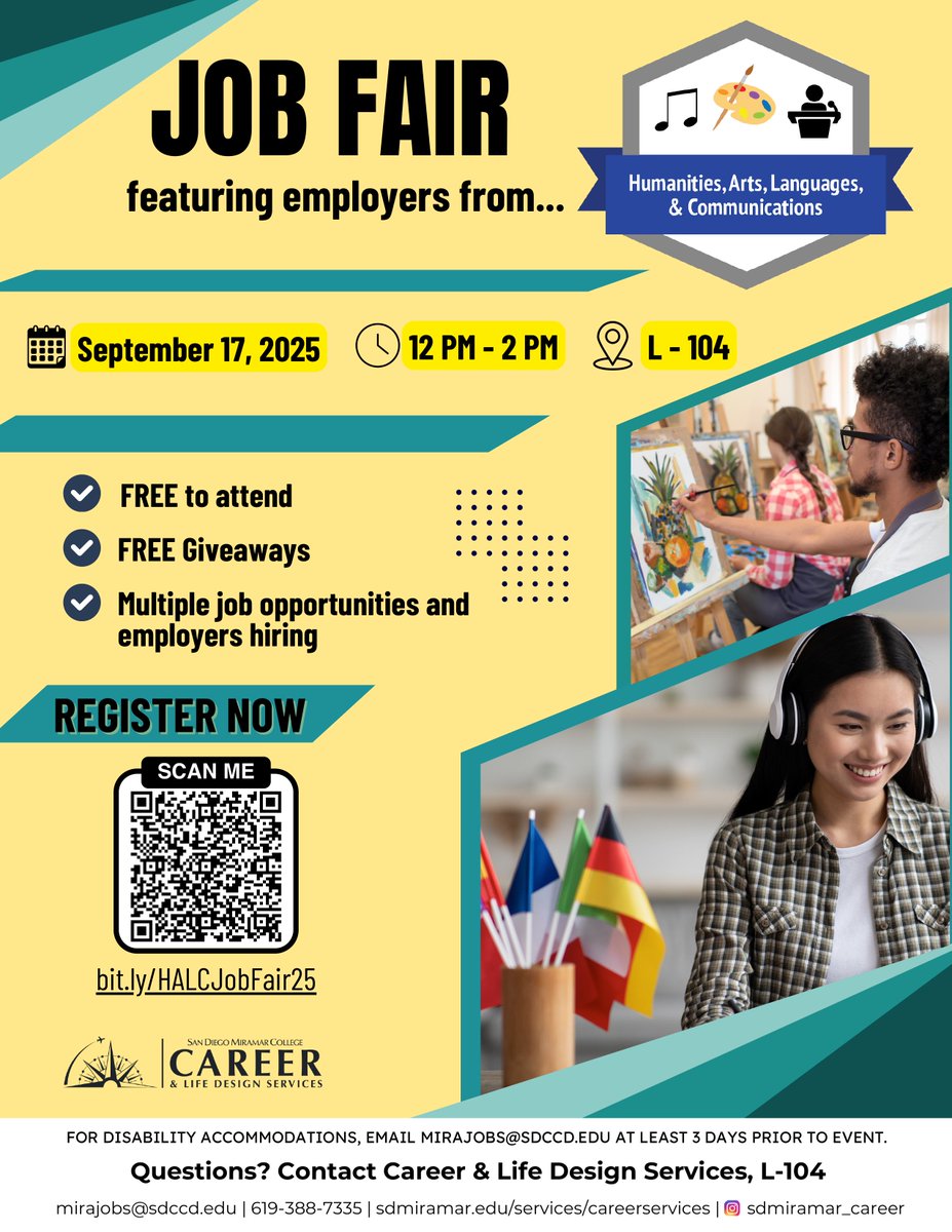 🎨✨ Calling all Humanities, Arts, Languages &amp; Communications majors! Explore career paths &amp; connect with employers at our Career Fair on September 17th,12–2 PM. Don’t miss your chance to network and shine! #CareerFair #ArtsAndHumanities #HALC