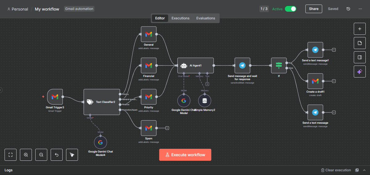 I found out that most people have such n8n automation as their first project. 
Mine was 4 nodes (Trigger - openai - google sheets - telegram).