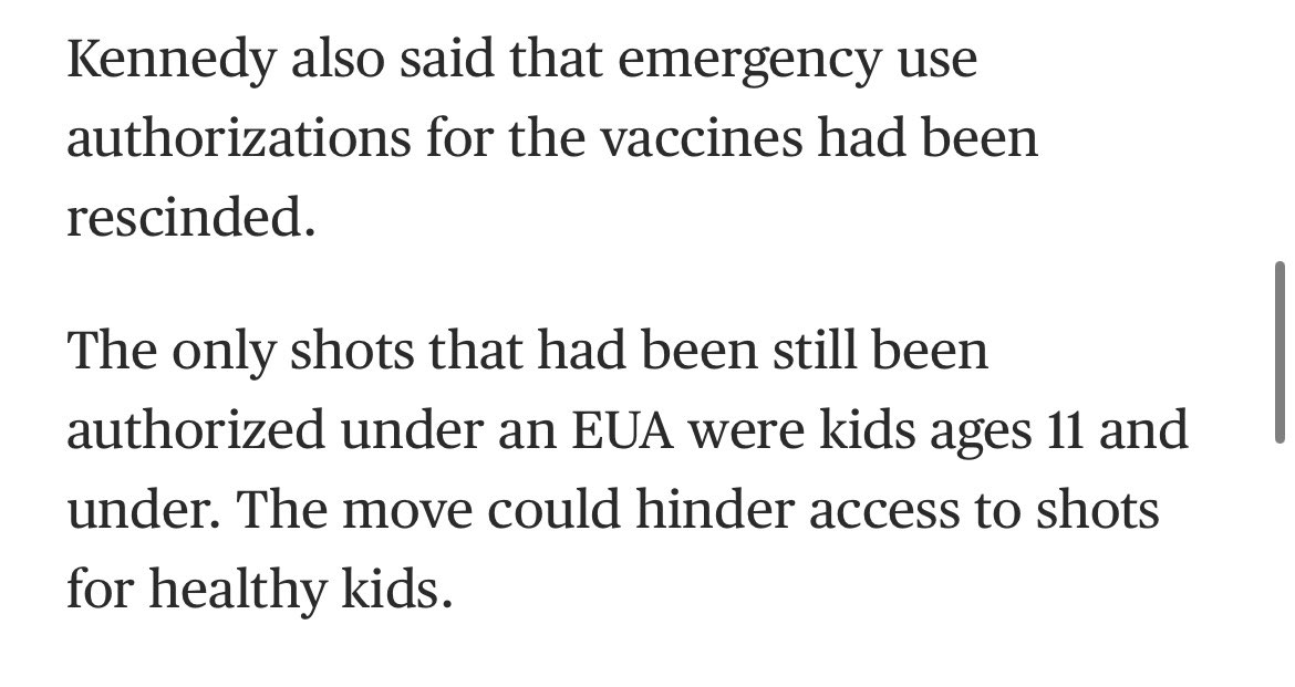 Revocada la autorización de emergencia bajo la cual se administraba todavía al día de hoy la vacuna de COVID 19 para niños pequeños.

La revocación se debea los altos daños a la salud que causa la vacuna con ningún beneficio para este grupo de edad. 

En otras palabras si