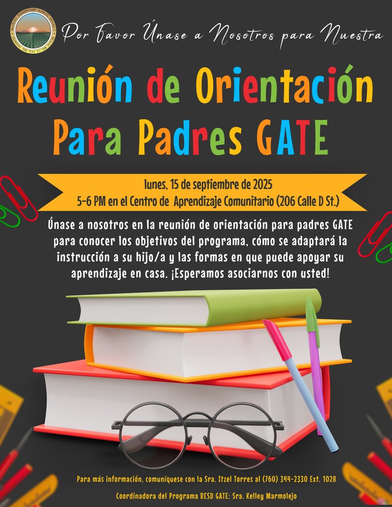 Attention GATE Parents: Join us for the GATE Parent Orientation Meeting on Monday, September 15th at the Community Learning Center at 5 P.M.  Hope to see you there!