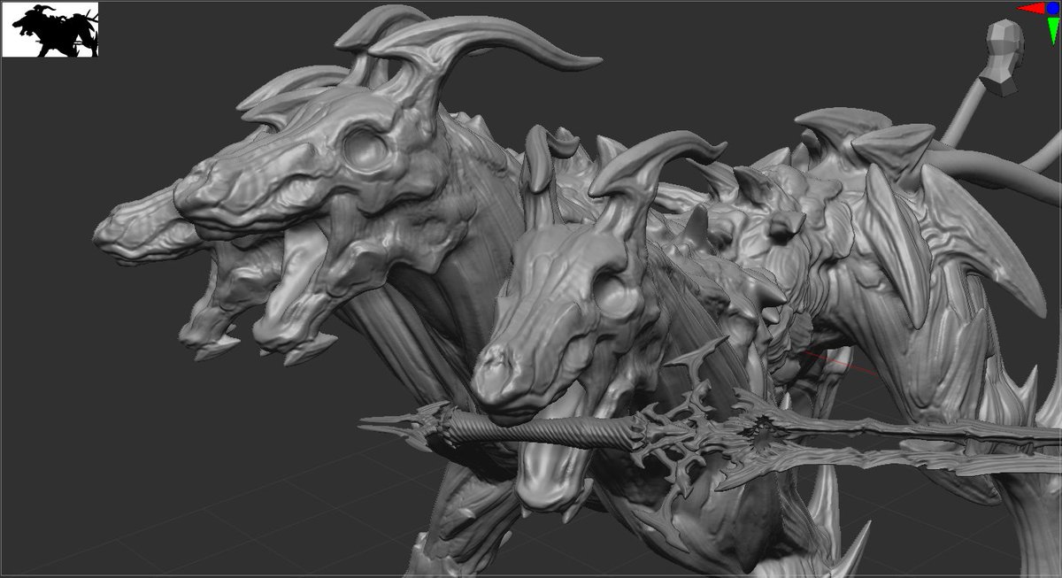 StNihil_ORIGIN's tweet image. お手伝いさせて頂いているゲーム(以下EscapeInDungeon)に登場するボス、ケルベロスの進捗です！以前投稿した魔剣ヘルズゲートを咥えて振る予定です。右の頭にも何か持たせたい！
現在はZBrushでスカルプト中です！
#ZBrush #3DCG #creature #gamedev #ゲーム制作 #スーパーゲ制デー #EscapeInDungeon