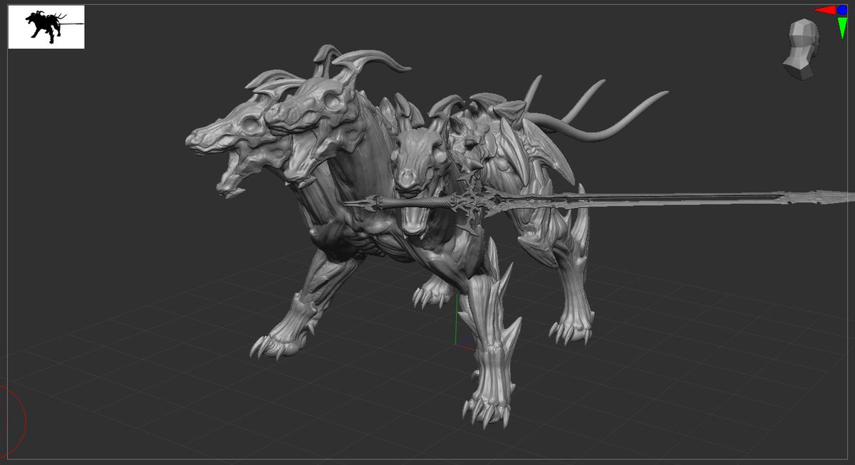 StNihil_ORIGIN's tweet image. お手伝いさせて頂いているゲーム(以下EscapeInDungeon)に登場するボス、ケルベロスの進捗です！以前投稿した魔剣ヘルズゲートを咥えて振る予定です。右の頭にも何か持たせたい！
現在はZBrushでスカルプト中です！
#ZBrush #3DCG #creature #gamedev #ゲーム制作 #スーパーゲ制デー #EscapeInDungeon
