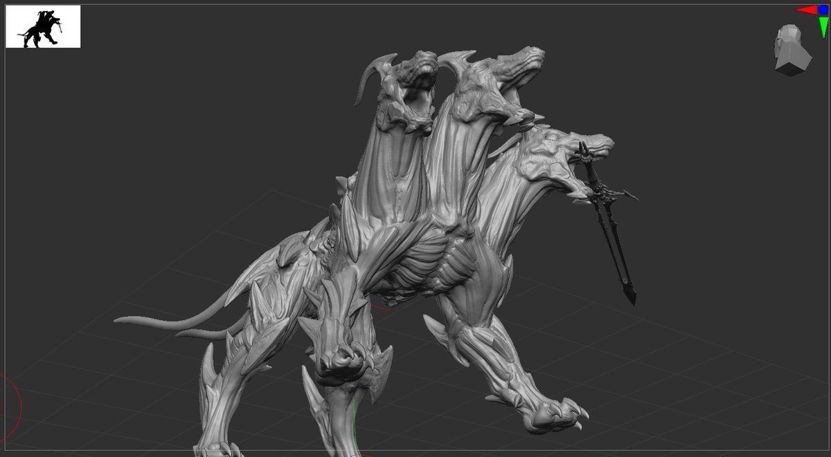 StNihil_ORIGIN's tweet image. お手伝いさせて頂いているゲーム(以下EscapeInDungeon)に登場するボス、ケルベロスの進捗です！以前投稿した魔剣ヘルズゲートを咥えて振る予定です。右の頭にも何か持たせたい！
現在はZBrushでスカルプト中です！
#ZBrush #3DCG #creature #gamedev #ゲーム制作 #スーパーゲ制デー #EscapeInDungeon