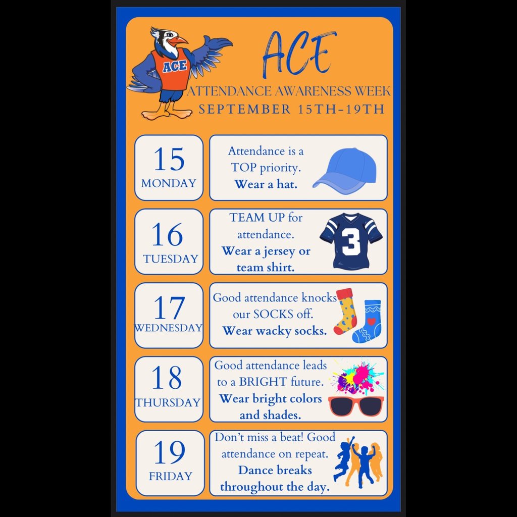 ✨📅 Attendance Awareness Week is September 15th - 19th! 📅✨
We’re celebrating the importance of showing up every day with a week full of FUN dress-up themes! 🎉👕👟

✅ Dress up.
✅ Show up.
✅ Shine bright! 🌟

#AttendanceMatters #BlueJayPride #EveryDayCounts