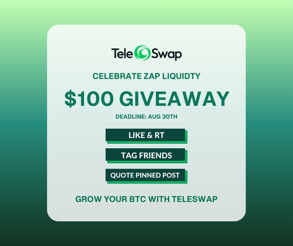 🎉 Celebrate Zap Liquidity
Win $100 in BTC (5 lucky winners) 🟧

How to join:
✅ Like, RT &amp; tag 3 friends in comments
✅ Like &amp; Quote the pinned post with your thoughts on #BitcoinDeFi

📅 Winners announced Aug 30
Start growing your BTC with TeleSwap ⚡