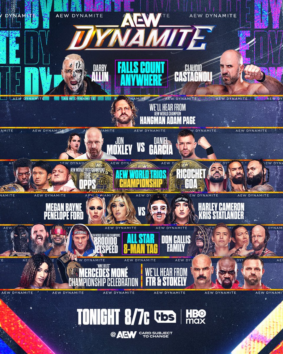 AT THE TOP OF THE HOUR!

#AEWDynamite comes to you LIVE from the 2300 Arena!

It all starts at 8pm ET/7pm CT on <a href="/TBSNetwork/">TBS Network</a> + @SportsOnMAX!