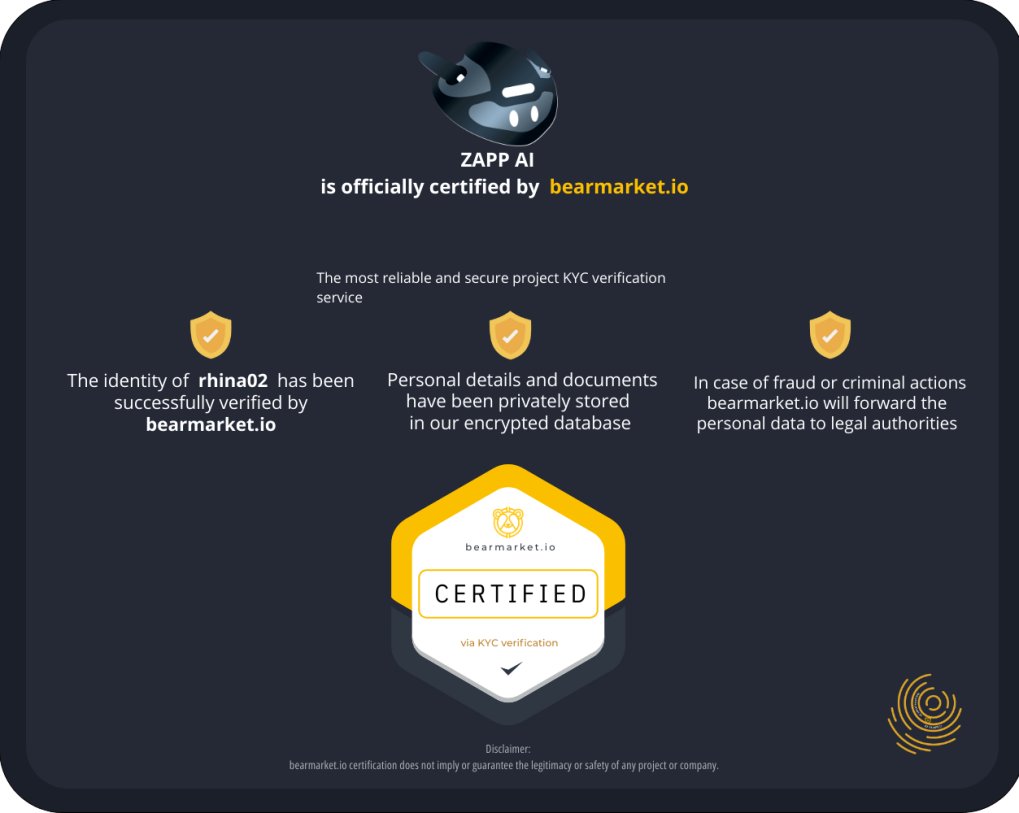 We are proud to announce that <a href="/Hi_Zapp/">Hi Zapp</a> has successfully completed our Dox Service &amp; is now accredited at bearmarket.io/doxxed/zapp-ai/

ID has been ✅ &amp; 🔐 after video call with <a href="/Jimmer64812681/">$jimmer.ada🐻🐍</a> 

Check out the ZAPP PASS mint while you still can on <a href="/jpgstoreNFT/">jpg.store</a>!

jpg.store/collection/zap…