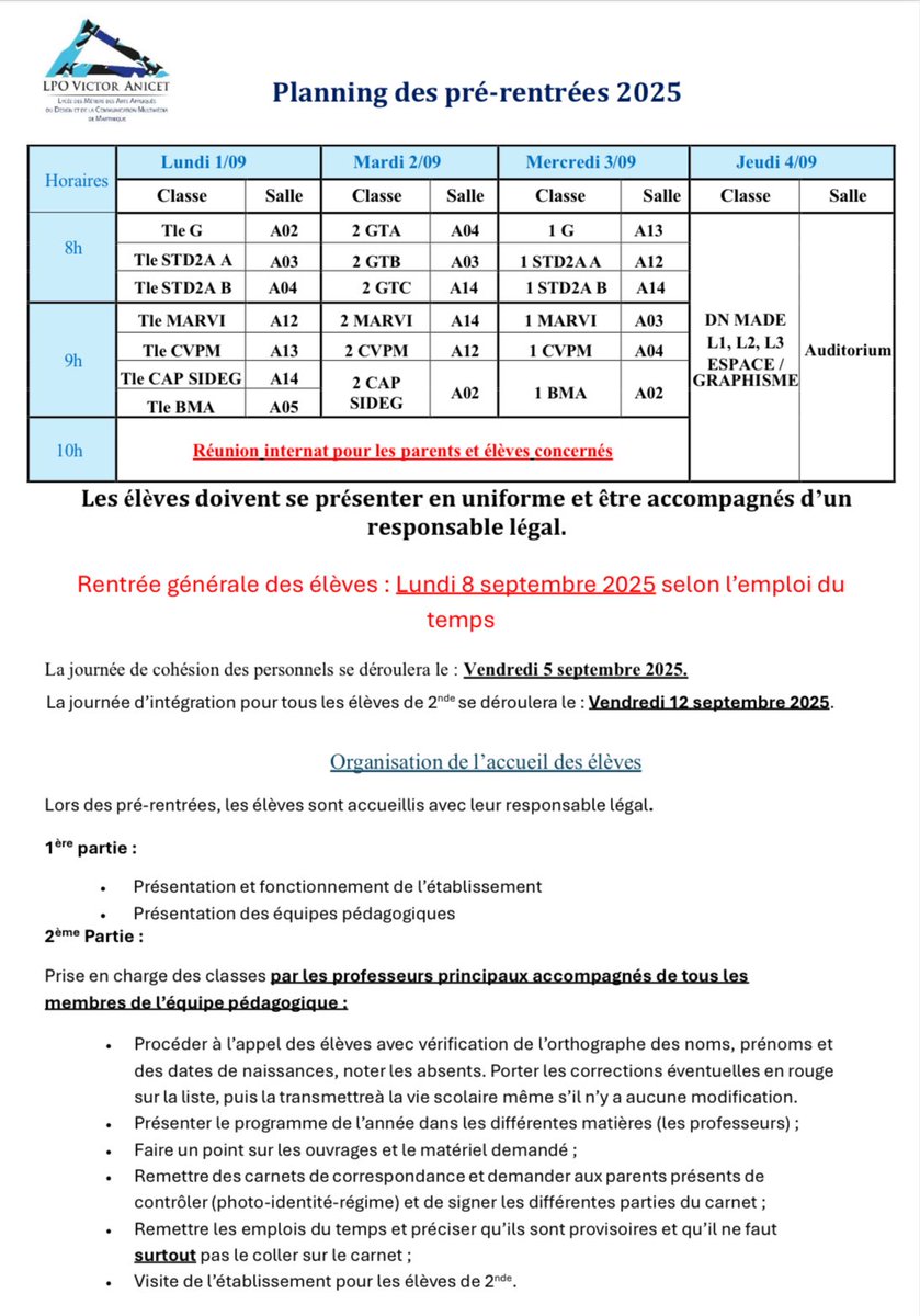 Planning des pré-rentrées 2025