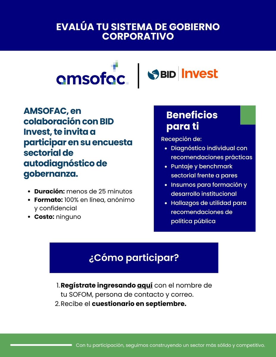 🚨Atención #SocioAMSOFAC🚨
🗣 Recuerda que esta semana termina el registro para participar en la Encuesta de Autodiagnóstico de Gobernanza, en colaboración con #BIDInvest.

Registrarte: forms.office.com/r/1pph16uPwZ 

Aún no eres socio, contactanos:
amsofac.mx/contacto/

#AMSOFAC