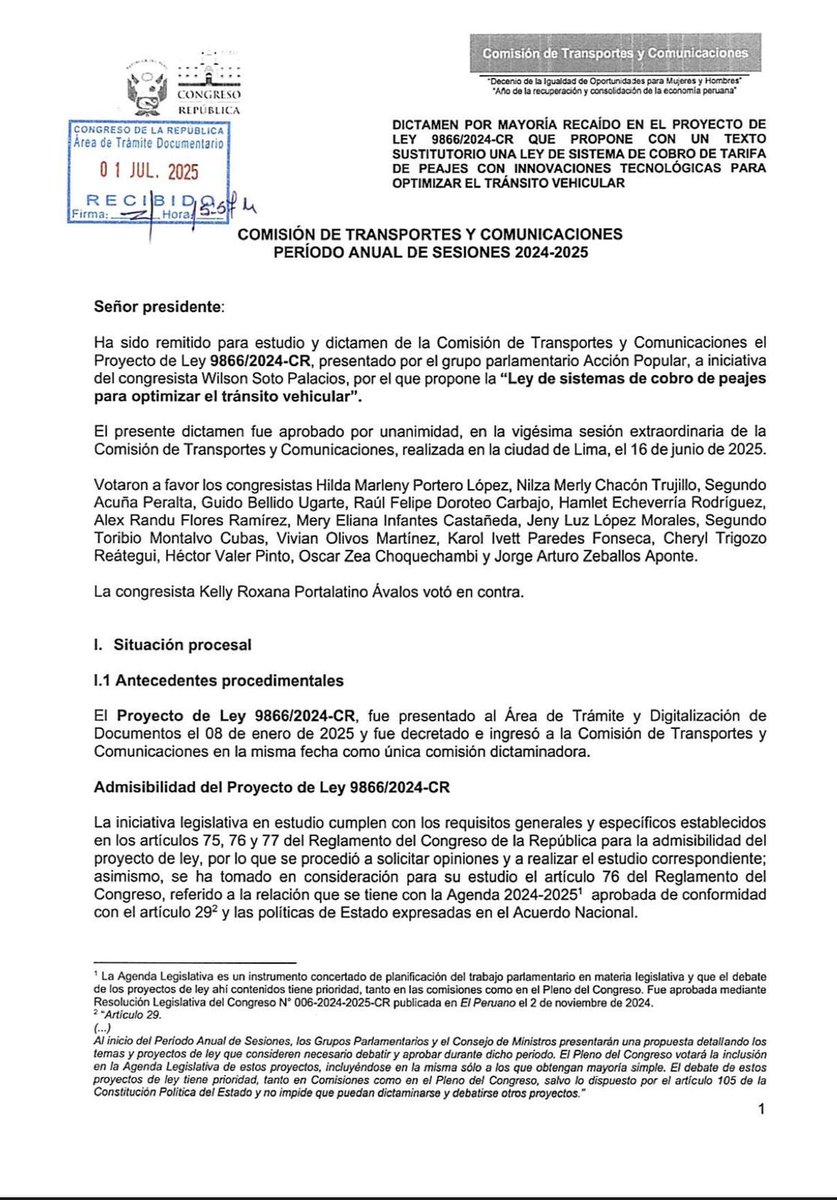 📢 El <a href="/MTC_GobPeru/">Ministerio de Transportes y Comunicaciones</a> avanza con lineamientos de telepeaje. Pero solo una ley, como nuestro Proyecto 9866/2025-CR ya dictaminado, dará un marco obligatorio y uniforme en todo el país. 
¡Llamo al <a href="/congresoperu/">Congreso del Perú 🇵🇪</a> a priorizar su debate en el Pleno! 🇵🇪

👉 wb2server.congreso.gob.pe/spley-portal-s…