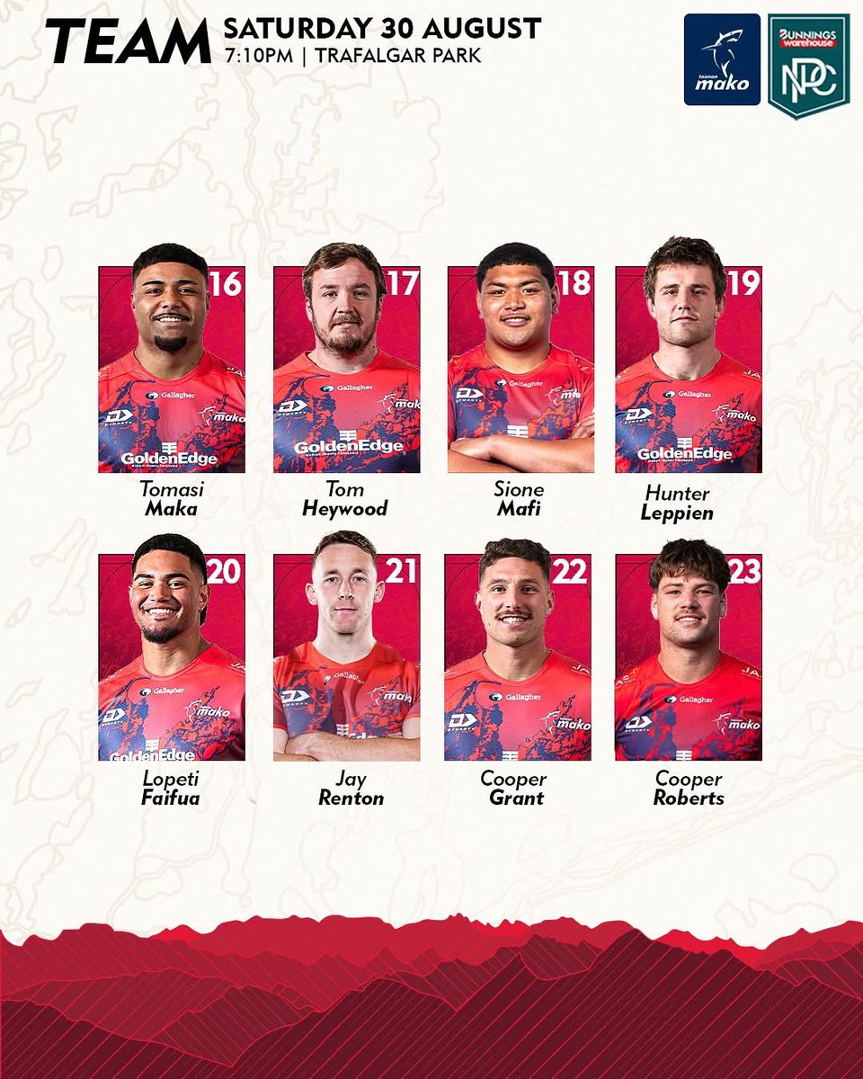 Our team to take on Otago.

🎟️ Thanks to OneFortyOne, Kids 12 &amp; under get FREE entry

Tickets available at mako.flicket.co.nz 🔗

#TASvOTA 
#BunningsNPC <a href="/BunningsNPC/">Bunnings NPC</a> 
#OurPassionRunsDeep #FinzUp 🦈