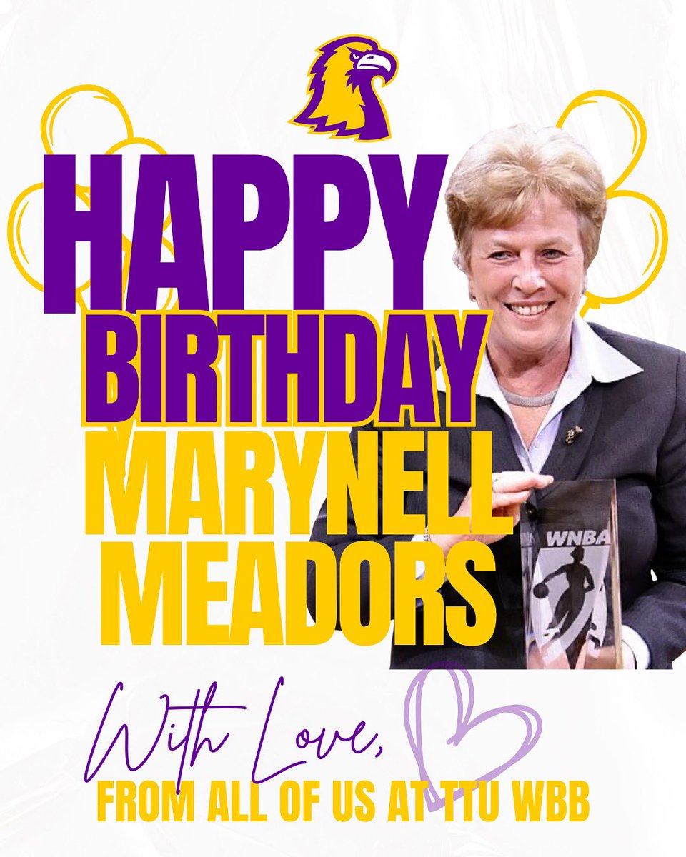Tennessee Tech Women’s Basketball (@ttuwbb) on Twitter photo Happy Birthday to @ttuwbb’s very first Head Coach, Hall of Famer, Olympian, and the trailblazer who built the foundation of our program! 💜💛 Coach Marynell Meadors, your legacy and impact at Tech continue to inspire us today! 🎉 Happy Birthday to @ttuwbb’s very first Head Coach, Hall of Famer, Olympian, and the trailblazer who built the foundation of our program! 💜💛 Coach Marynell Meadors, your legacy and impact at Tech continue to inspire us today! 🎉