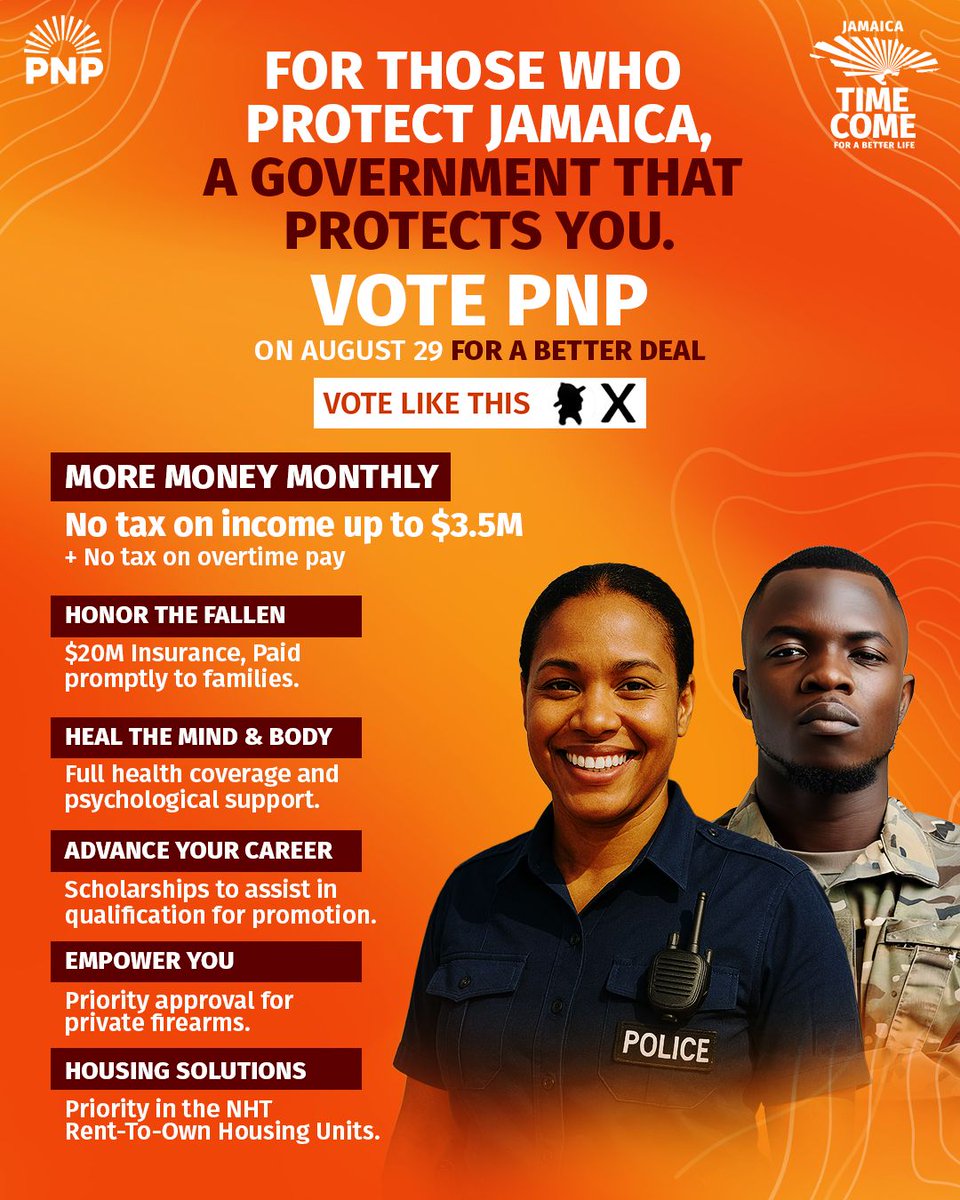 JamaicaPNP's tweet image. To those who protect Jamaica, the PNP is ready to protect you.
From better pay and no tax up to $3.5M, to scholarships, housing priority, full health coverage, and proper support for your families, we honour your service with real solutions.

On August 29, vote for a government…