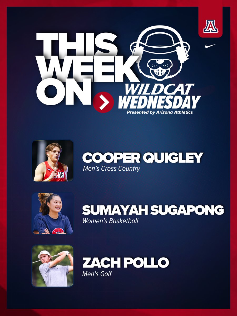 Arizona Athletics (@azathletics) on Twitter photo A new set of interviews are live now on this week's Wildcat Wednesday episode! 🎧
👟 Cooper Quigley, <a href="/ArizonaTrack/">Arizona Track & Field/Cross Country</a>
🏀 Sumayah Sugapong, <a href="/ArizonaWBB/">Arizona Basketball</a>
⛳️ Zach Pollo, <a href="/ArizonaMGolf/">Arizona Men's Golf</a>
arizonawildcats.com/BearDownPod📲 A new set of interviews are live now on this week's Wildcat Wednesday episode! 🎧
👟 Cooper Quigley, <a href="/ArizonaTrack/">Arizona Track & Field/Cross Country</a>
🏀 Sumayah Sugapong, <a href="/ArizonaWBB/">Arizona Basketball</a>
⛳️ Zach Pollo, <a href="/ArizonaMGolf/">Arizona Men's Golf</a>
arizonawildcats.com/BearDownPod📲