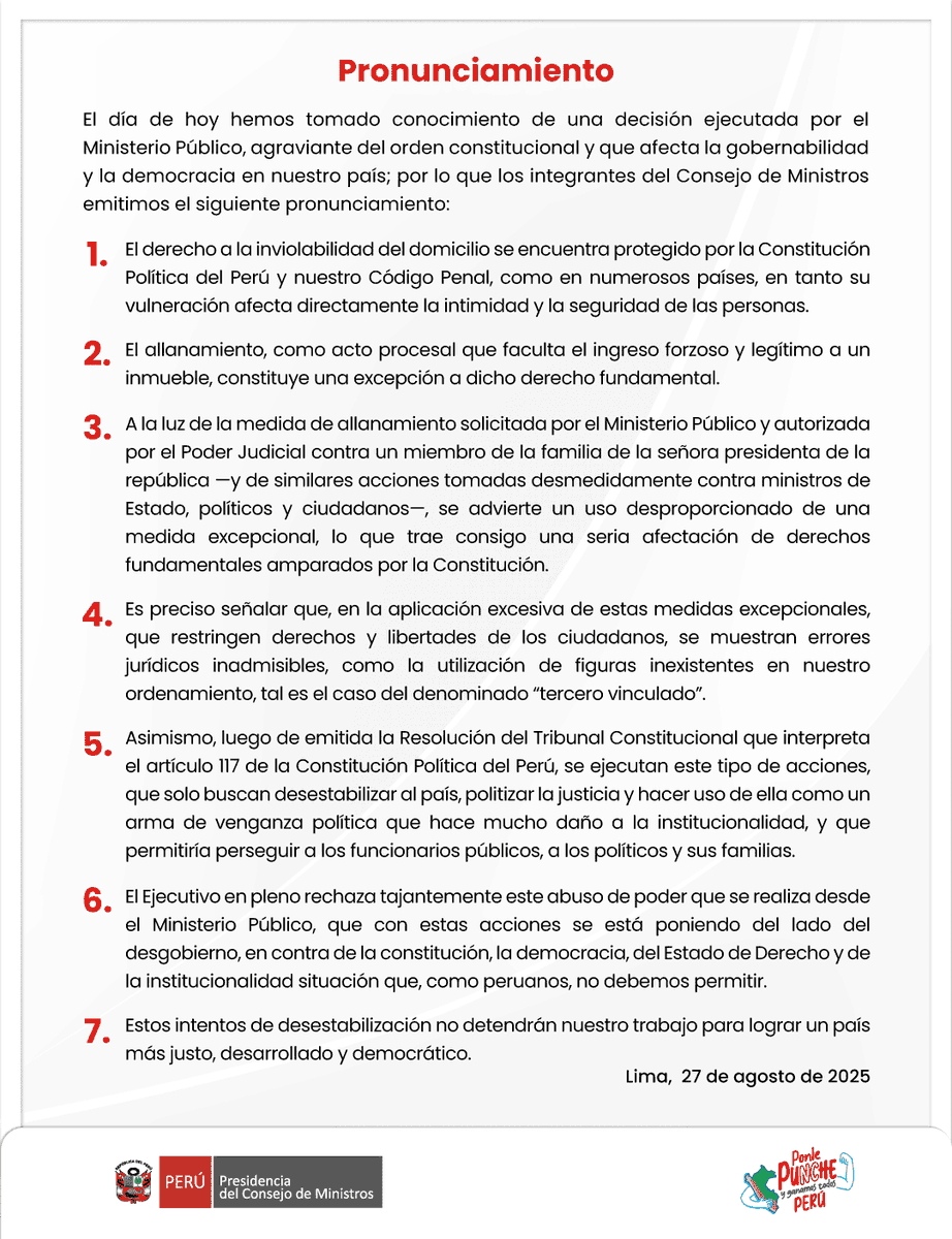 #Pronunciamiento | Los integrantes del Consejo de Ministros ponemos en conocimiento de la ciudadanía lo siguiente: