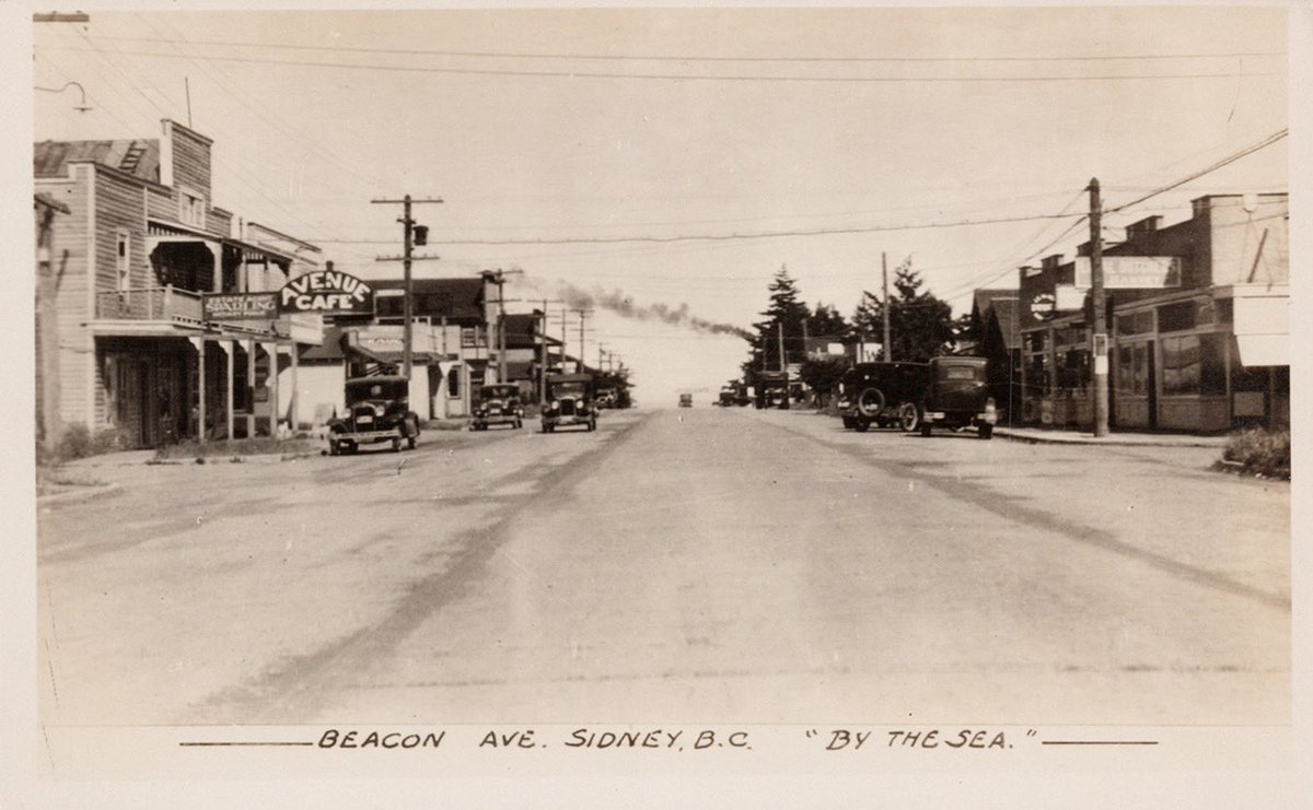 Beacon Avenue, Sidney by the Sea, Vancouver Island, BC, approx 1930s postcard.  
I believe the Avenue Cafe on the left is the current location of Tanner’s Books.

This one only at Dee’s direct site. Link in bio