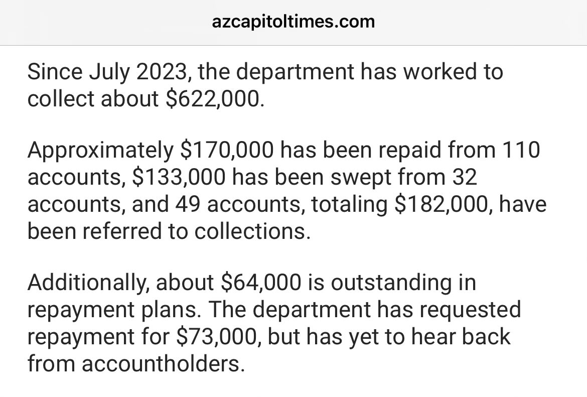 <a href="/mcurtis12news/">MARK CURTIS</a> <a href="/RealTomHorne/">SPI Tom Horne</a> FYI, more than half the misspent ESA funds have been recovered or are in the process of being paid back. 

That means 0.025% of ESA funds over two years have been identified as fraud and not repaid yet. 

And you call this a crisis?