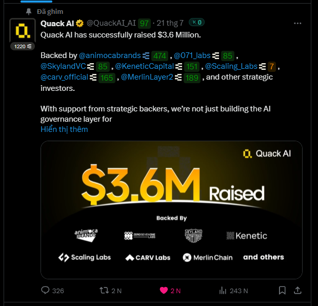 TriMaiMS's tweet photo. Săn Airdrop kèo này ngay anh em ơi
@QuackAI_AI 
- $3.6M gọi vốn
- Hơn 40 Dapp tích hơn
- 2 Triệu người dùng 

- Truy cập: https://t.co/yMtpeBsDsX 
- Mỗi ngày vào chat với AI QUACK để kiếm point (20 point lần max 5 lần/ngày)
-  Ae hold >1k5 LXP Linea sẽ nhận được Quack AI Passports 
- Giới thiệu thêm bạn bè để kiếm thêm point