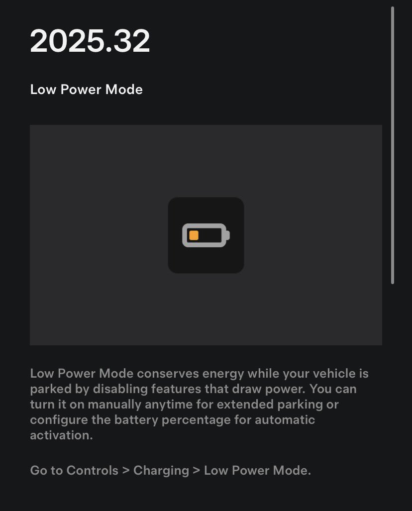 FullGridMode's tweet image. The latest Tesla software update 2025.32 just rolled out on my Model 3 (Intel chip). I was hoping for something major, but it seems pretty minor this time. Still, I’m curious to see how the new Low Power Mode will impact battery life. 🪫 🧐
