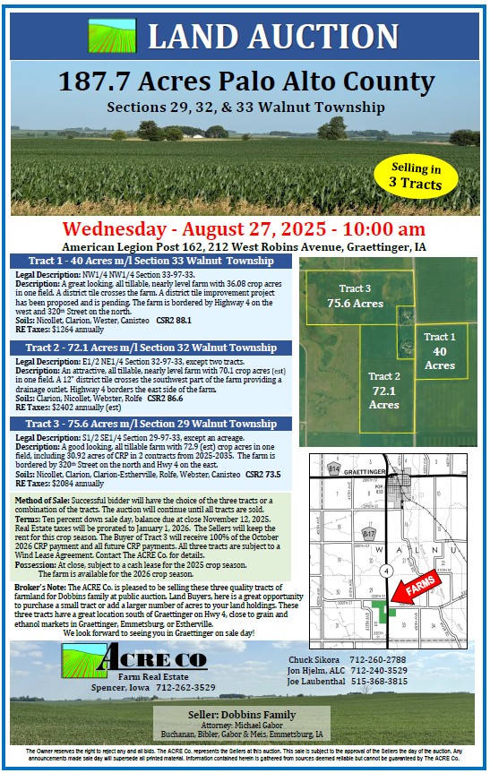 Sold!  $1.85+ million or tract 1- $11,000/acre; Tract 2- $12,600/acre; Tract 3- $6,700/acre.