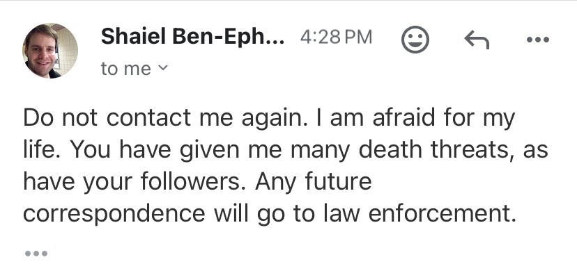 Leslie Young ✡︎ (@akalazarus) on Twitter photo I have never uttered a single threat to this man. He has nothing. Now he is issuing threats.
He was sent a Cease and Desist prior to this email.
Get help. <a href="/academic_la/">Shaiel Ben-Ephraim</a> I have never uttered a single threat to this man. He has nothing. Now he is issuing threats.
He was sent a Cease and Desist prior to this email.
Get help. <a href="/academic_la/">Shaiel Ben-Ephraim</a>
