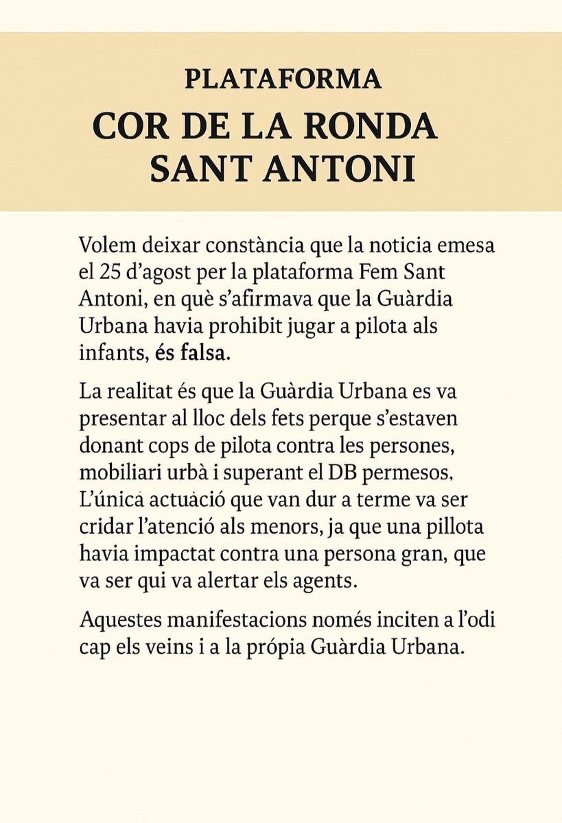 ❌ Prou mentides!
La Guàrdia Urbana NO ha prohibit jugar a pilota.
No tolerarem notícies falses que fomenten l’odi al barri.

#SantAntoni #StopFakeNews #Respecte