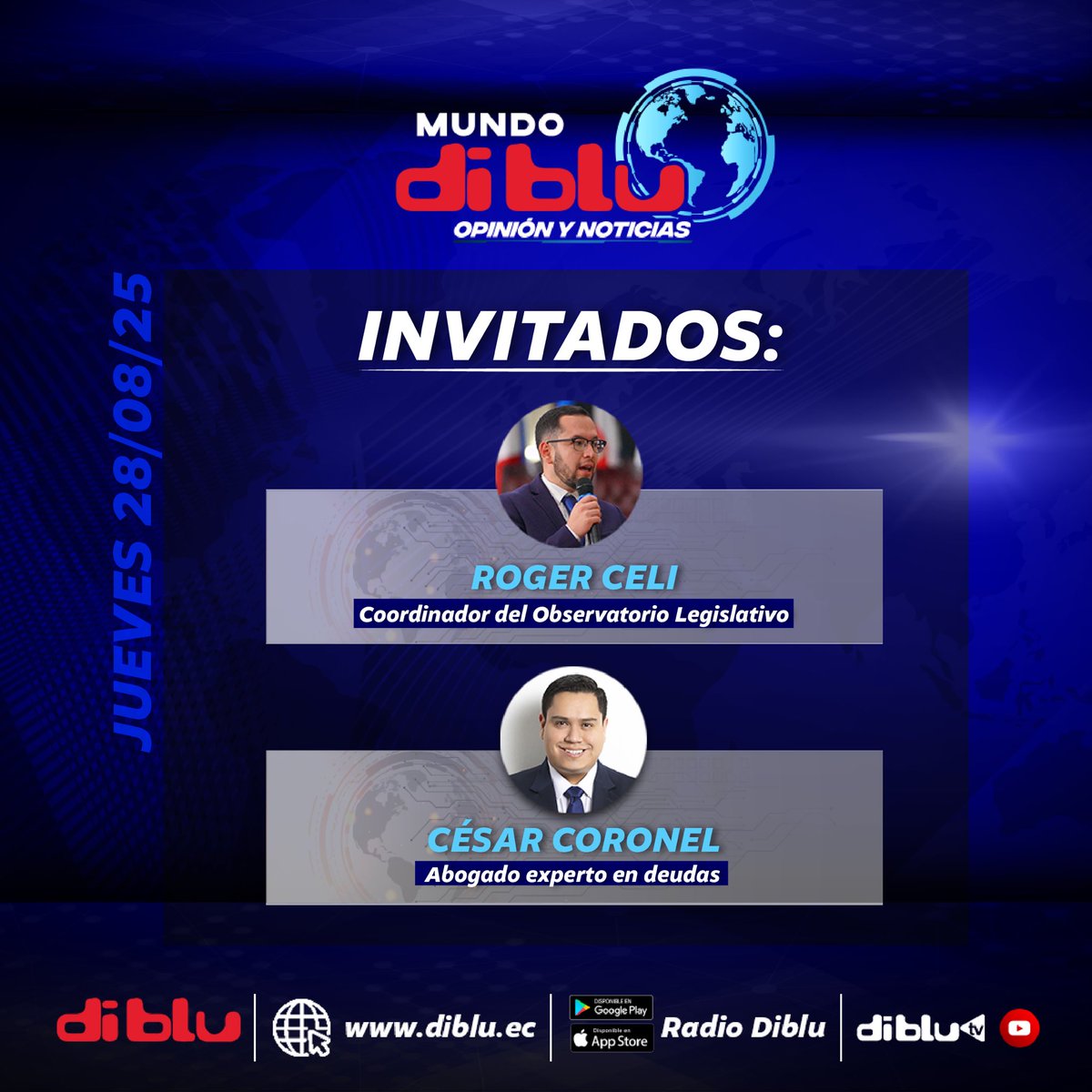Mañana en #MundoDiblu 🌎📰

💬 Balance de los 100 días de la Asamblea
🗣️ Roger Celi, coordinador del Observatorio Legislativo

💬 Finanzas personales: lo que debes saber antes del embargo
🗣️ César Coronel, abogado <a href="/DefensaDeudorEc/">Defensa Deudores ec</a> 

Escúchanos por Diblu y #DibluTV🎙️