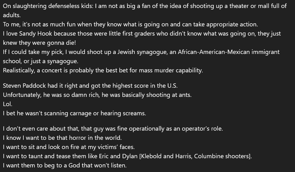 <a href="/Jacob_Frey/">Jacob Frey</a> The shooter said he wanted to kill Jews, African Americans and Mexican Immigrants. Said he loved Sandy Hook because they were 1st graders that "didn't know what was going on and they just knew they were gonna die". What are you thoughts on those communities Mr. Mayor?