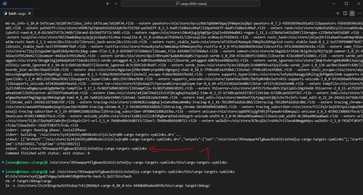 'cargo build' using the nix-backend is now online at github.com/nixcloud/cargo and after the build it will print something like shown in the screenshot below. just add a /bin/cargo-target-symlinks to the path and execute it, it will symlink the 'cargo' binary into