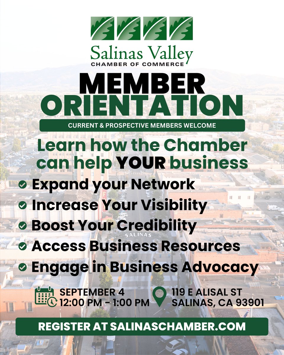 Join us for an orientation with Chamber Membership Director Gabriel Lopez! Learn about member benefits, marketing support &amp; more. Lunch provided. Attend in-person at the Chamber Office or via Zoom. Questions: Gabe@salinaschamber.com | 831-751-7725