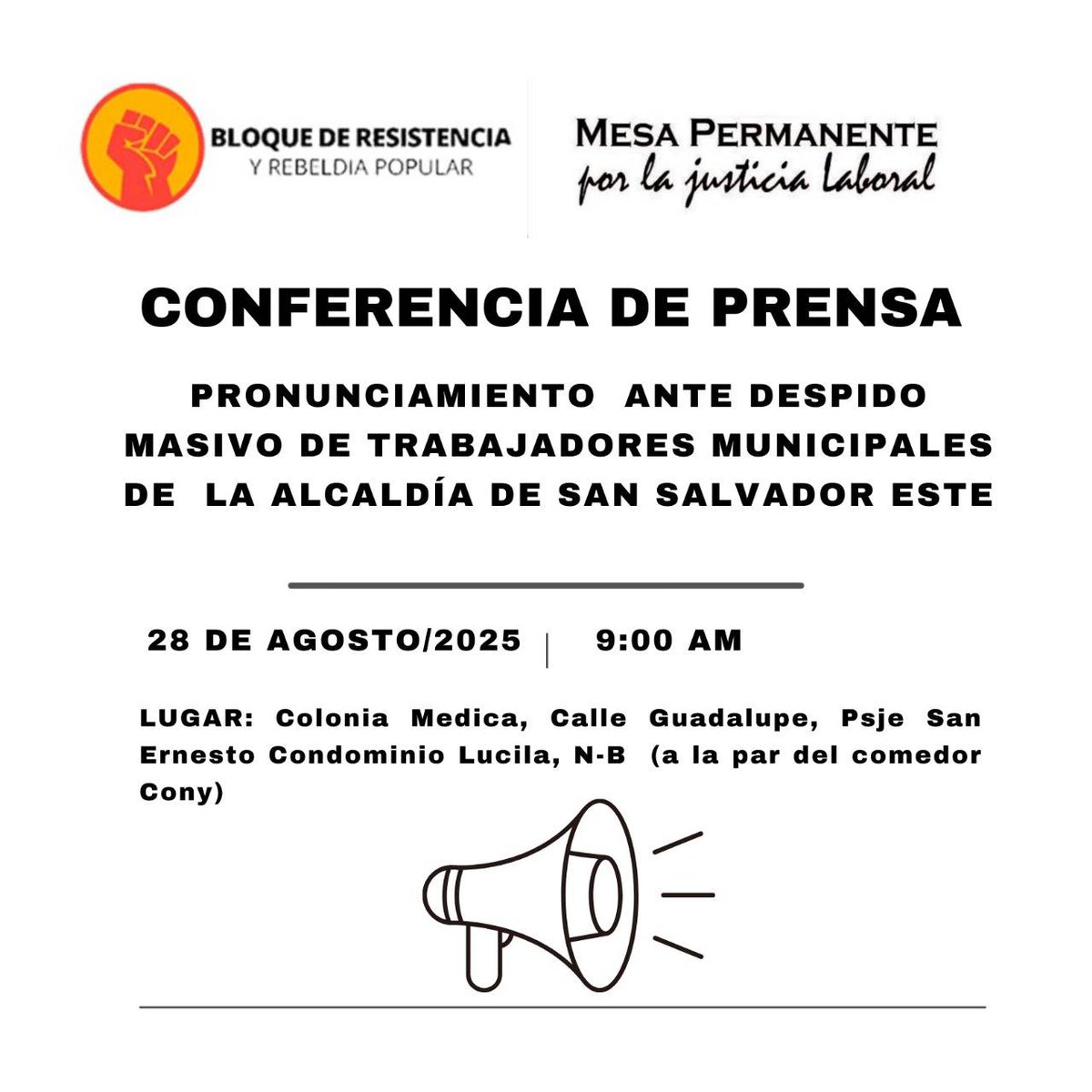 📢 CONVOCATORIA A CONFERENCIA DE PRENSA 📢
Invitamos a todos los medios de comunicación a la conferencia de prensa donde se abordará la situación de los recientes despidos en la Municipalidad de San Salvador Este.

<a href="/arpassv/">Red Informativa de Arpas</a> <a href="/BalsamoRTV/">Bálsamo RTV</a> <a href="/DiarioCoLatino/">Diario Co Latino</a> <a href="/EDHNoticias/">El Diario de Hoy</a> <a href="/ElMundoSV/">Diario El Mundo</a>