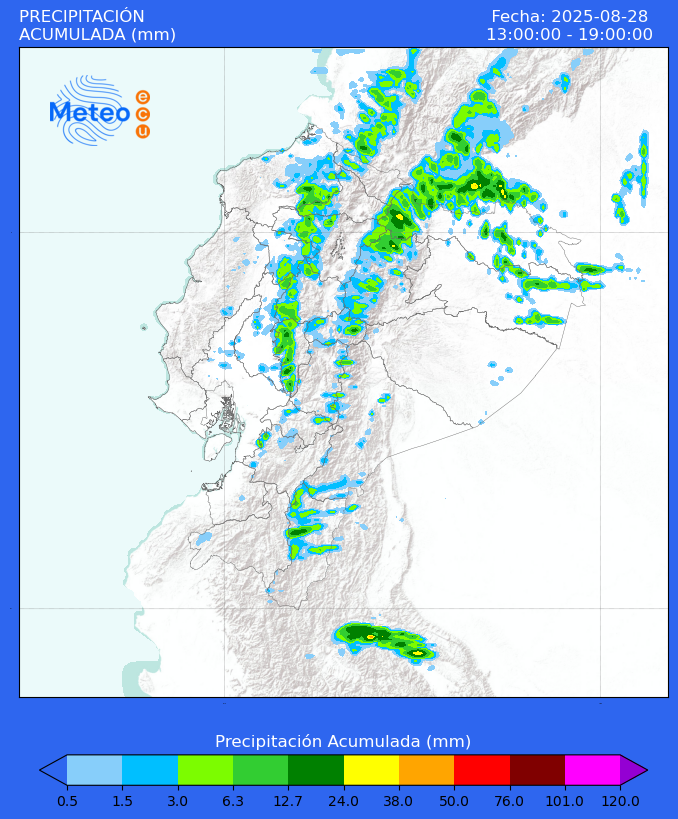 Pronóstico meteorológico de precipitación acumulada en #Ecuador para la tarde del jueves 28 de agosto de 2025