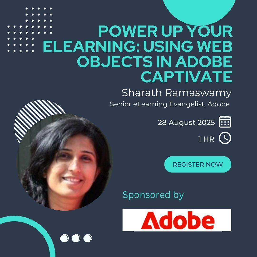 trainmagnetwork's tweet image. ⚡ Take your eLearning from static to stunning!
JOIN 12PM EST @SharathRamaswamy of @Adobe for the webinar: Power Up Your eLearning: Using Web Objects in Adobe Captivate.
📅 Save your spot 👉 trainingmagnetwork.com/events/4227?gr…  #AdobeCaptivate #eLearningDesign #InstructionalDesign #EdTech