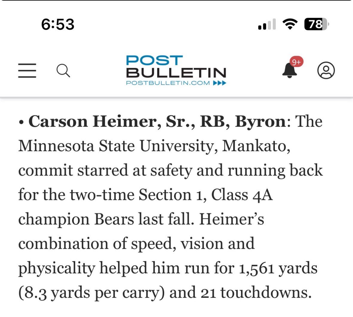 Always an honor making the <a href="/Sports_PB/">Post-Bulletin Sports</a> preseason all area first team. It’s also great seeing 2 of my teammates on it with me! <a href="/ChuckJones67/">Charles Jones</a> <a href="/BrevinBrakke07/">Brevin Brakke</a> 

<a href="/ByronMNFootball/">Byron Bears Football</a> <a href="/CoachHalder/">Ben Halder</a>
