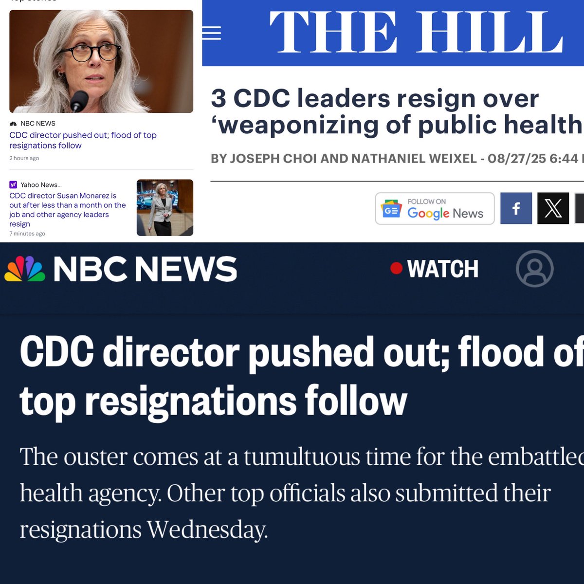 The Tennessee Holler (@thetnholler) on Twitter photo Top CDC leaders leave as the director is pushed out. They say RFK Jr. and the Trump regime are “weaponizing public health” and “generating materials that do not reflect scientific reality” 
nbcnews.com/health/health-… Top CDC leaders leave as the director is pushed out. They say RFK Jr. and the Trump regime are “weaponizing public health” and “generating materials that do not reflect scientific reality” 
nbcnews.com/health/health-…