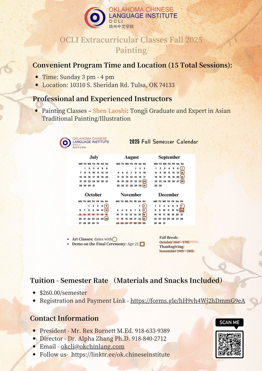 We warmly welcome you to join our Fall 2025 SAT/AC, Chinese, and Art programs.