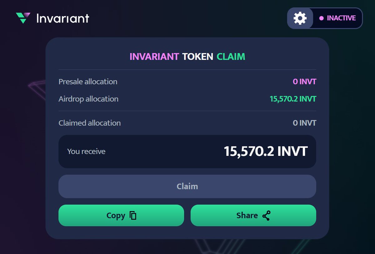 ใครเคยเล่นสแกมเชน <a href="/EclipseFND/">Eclipse</a> 
เช็ค $INVT airdrop จาก DEX <a href="/invariant_labs/">Invariant</a> 
👉 claims.invariant.app/claim

เคลมบน Eclipse แต่ยังไม่ระบุวัน