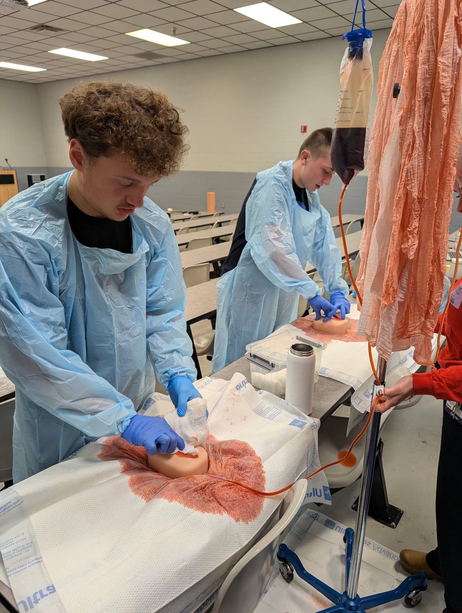 Welding is busy! They installed new welding booth curtains. DE students are welding  various materials. Level 1 students are practicing welding  pieces together.  Intro has passed the safety test  &amp; are welding for the 1st time. They took a course on learning to "stop the bleed"