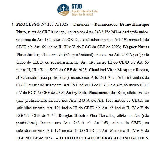 STJD marcou para o dia 4 de setembro (quinta-feira da próxima semana), às 10h, o julgamento de Bruno Henrique, do Flamengo, por suposta participação em manipulação de resultados.

🗞renanmoura